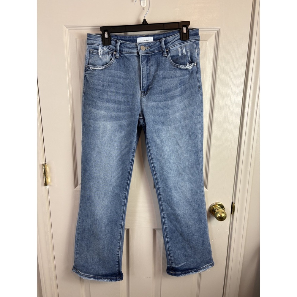 Risen Jeans Straight Leg Women 11/30 Blue Excellent Distressed Raw Hem Denim